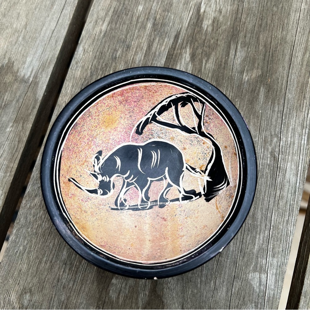 Hand Painted Carved Soapstone African Rhino Safari Print Small Bowl
